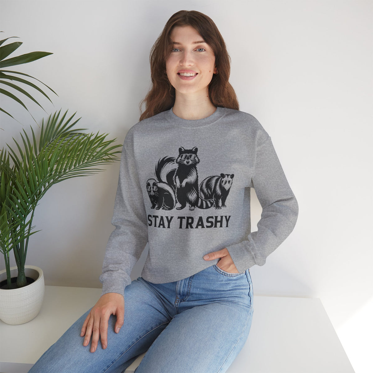 Stay Trashy, Skunk Raccoon Possum – Gildan Heavy Blend | Trendy Women’s and Men's Soft Sweatshirt. Direct to Garment. Printed & Shipped in the USA. Unisex Sizes.