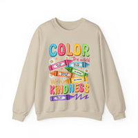 Color the World With Kindness Crayons, Great Teacher Gift – Gildan Heavy Blend | Trendy Women’s and Men's Soft Sweatshirt. Direct to Garment. Printed & Shipped in the USA. Unisex Sizes.