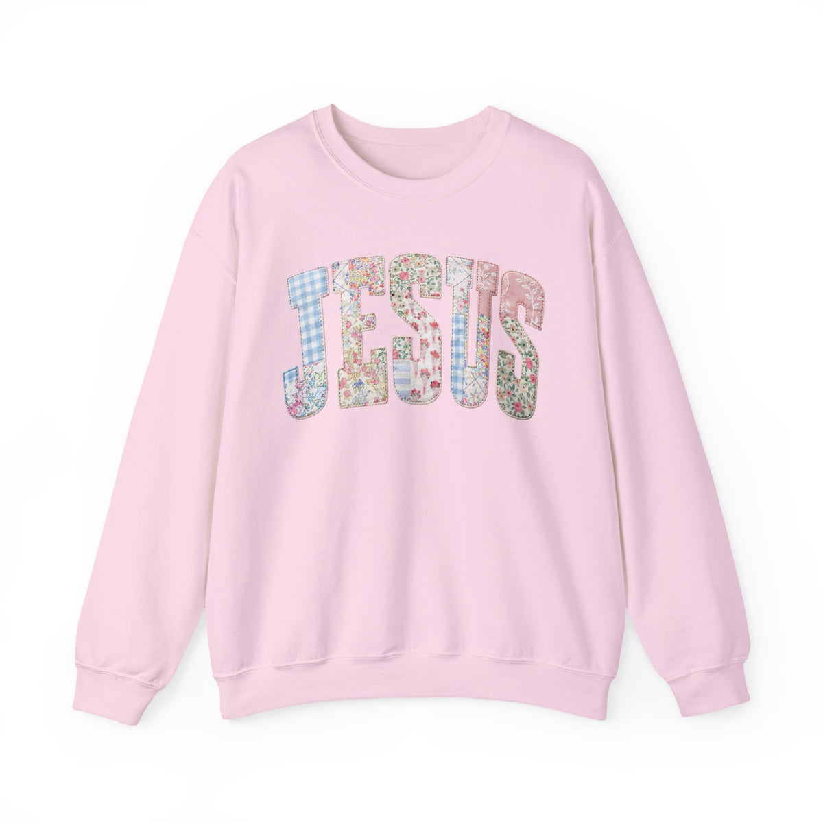 Jesus faux Patchwork – Gildan Heavy Blend | Trendy Women’s Soft Sweatshirt. Direct to Garment. Printed & Shipped in the USA. Unisex Sizes.