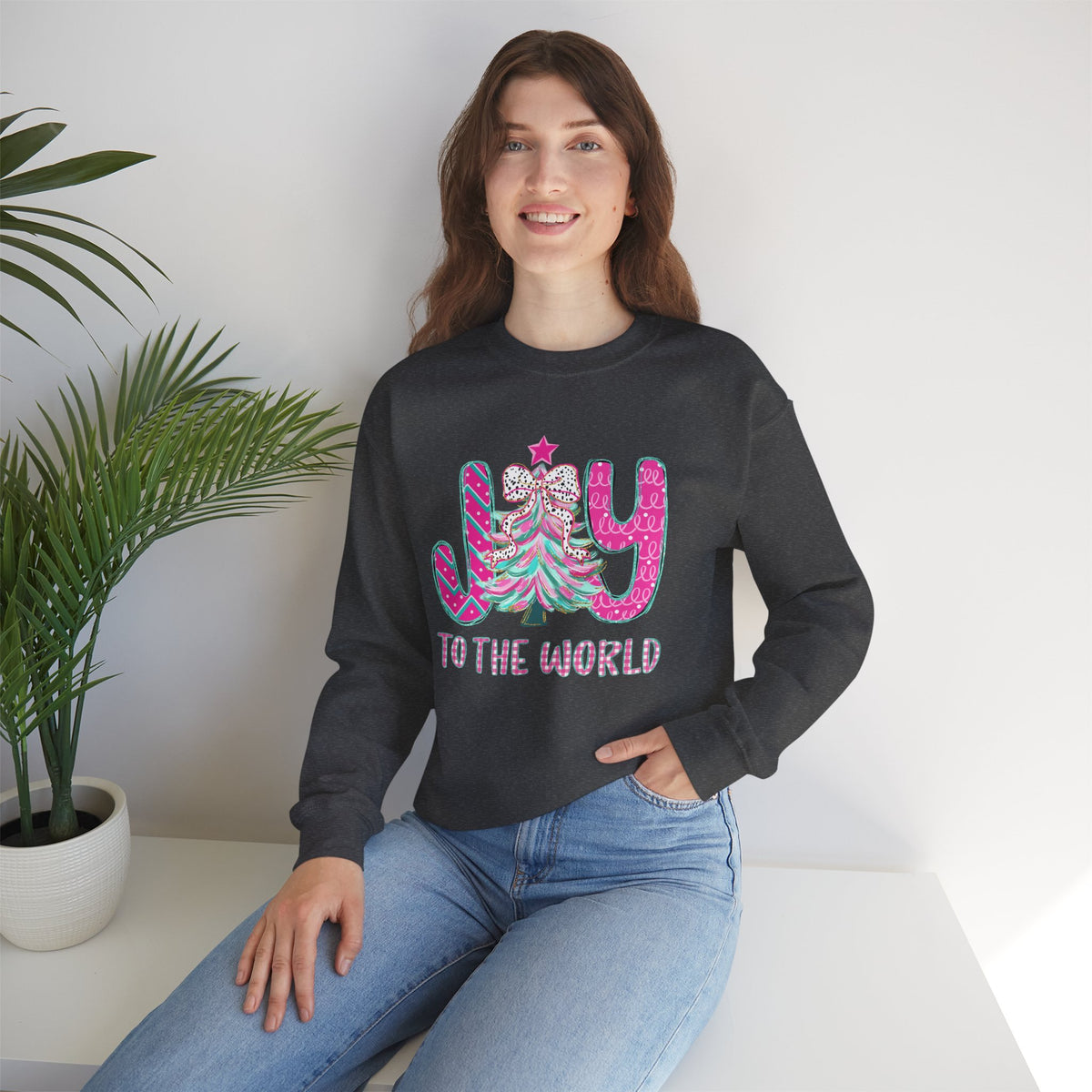 Joy to the World w/Christmas Tree Pink and Teal – Gildan Heavy Blend | Trendy Women’s Soft Sweatshirt. Direct to Garment. Printed & Shipped in the USA. Unisex Sizes.