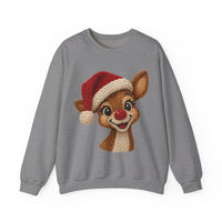 Cute Rudolph Faux Knit Look Reindeer w/Santa Hat – Gildan Heavy Blend | Trendy Women’s Soft Sweatshirt. Direct to Garment. Printed & Shipped in the USA. Unisex Sizes.