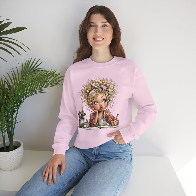 Cute Artist Curly Girl – Gildan Heavy Blend | Trendy Women’s Soft Sweatshirt. Direct to Garment. Printed & Shipped in the USA. Unisex Sizes.