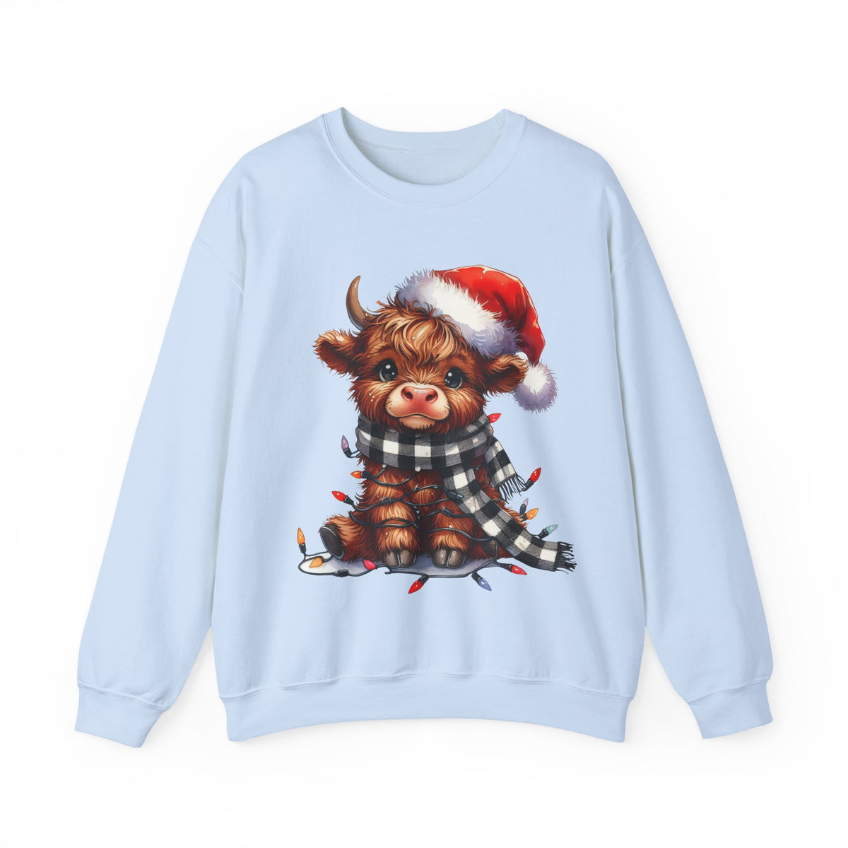 Cute Highland Cow Santa Hat Scarf Christmas Lights – Gildan Heavy Blend | Trendy Women’s Soft Sweatshirt. Direct to Garment. Printed & Shipped in the USA. Unisex Sizes.