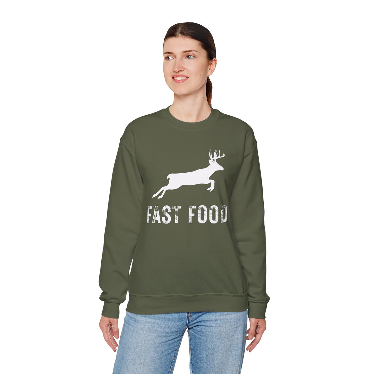 Fast Food Deer Hunting Humor Distressed – Gildan Heavy Blend | Trendy Men's and Women’s Soft Sweatshirt. Direct to Garment. Printed & Shipped in the USA. Unisex Sizes.