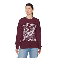 Chicken Raising and Jesus Praising – Gildan Heavy Blend | Trendy Men's and Women’s Soft Sweatshirt. Direct to Garment. Printed & Shipped in the USA. Unisex Sizes.