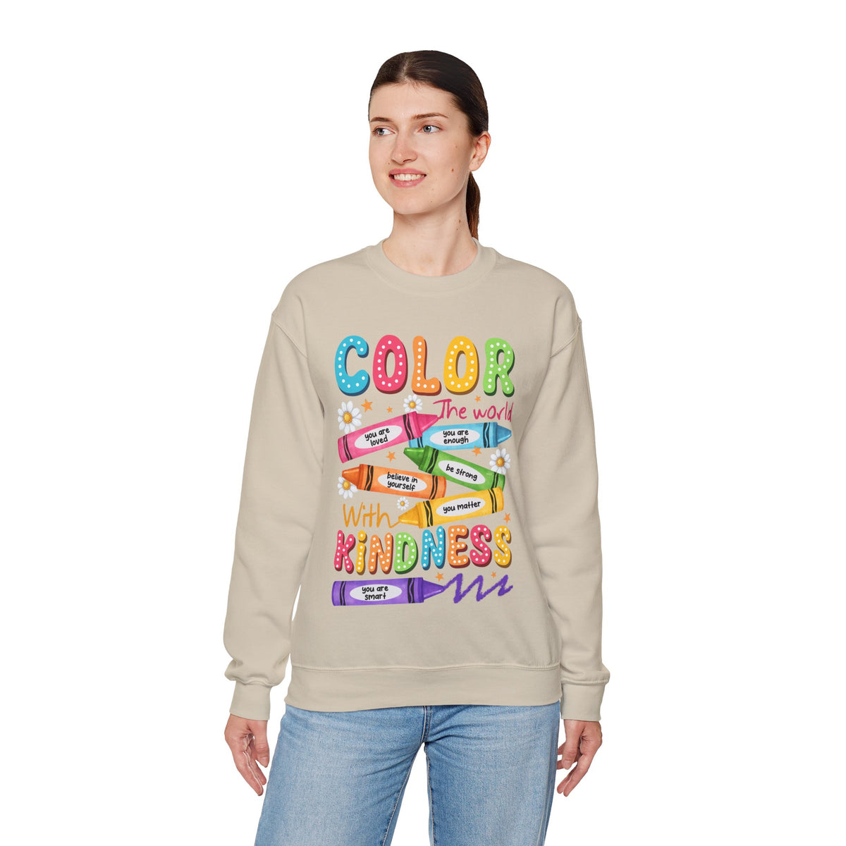 Color the World With Kindness Crayons, Great Teacher Gift – Gildan Heavy Blend | Trendy Women’s and Men's Soft Sweatshirt. Direct to Garment. Printed & Shipped in the USA. Unisex Sizes.