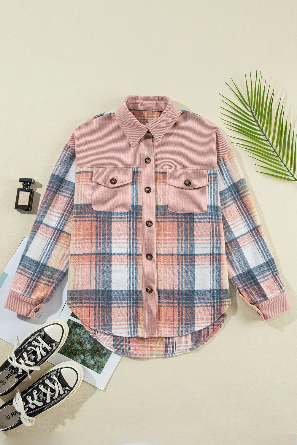 Light Pink Corduroy and Soft Plaid Shacket with Pockets