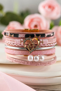 Pink Leopard Print Motivational Message Layered Buckle Bracelet