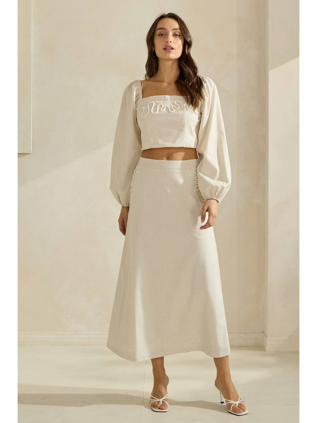 Square Neck Balloon Sleeved Top & Midi Skirt Set (Cotton/Linen Blend)