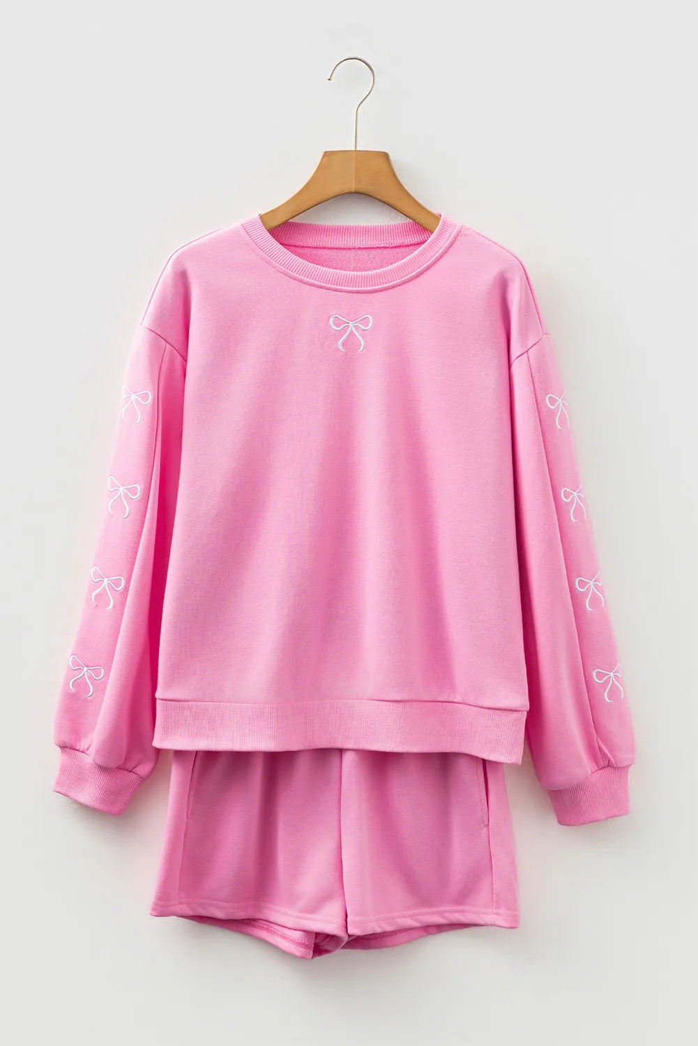 Pink, Bow Embroidered 2pc Sweatshirt & Shorts Loungewear Set with Pockets