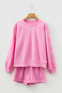 Pink, Bow Embroidered 2pc Sweatshirt & Shorts Loungewear Set with Pockets
