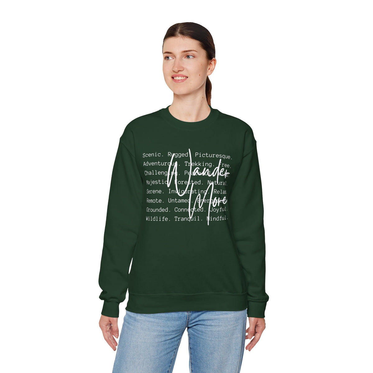 Wander More, Scenic Adventure Typography – Gildan Heavy Blend | Trendy Men's and Women’s Soft Sweatshirt. Direct to Garment. Printed & Shipped in the USA. Unisex Sizes.
