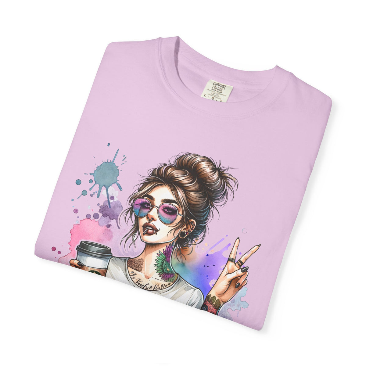 Cool Mombie with Coffee Peace Tattoo - Comfort Colors | Trendy Women's T-Shirt. Direct to Garment. Printed & Shipped in the USA. Unisex Sizes.