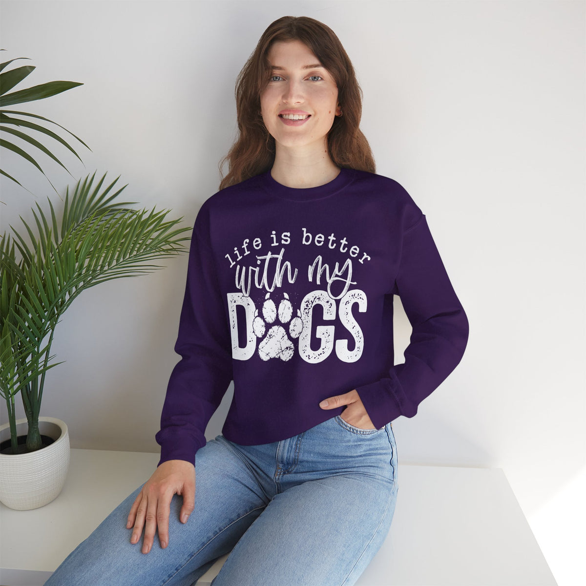 Life Is Better With My Dogs, Distressed – Gildan Heavy Blend | Trendy Women’s and Men's Soft Sweatshirt. Direct to Garment. Printed & Shipped in the USA. Unisex Sizes.