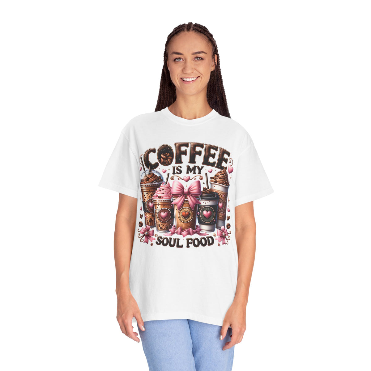 Coffee Is My Soul Food, Iced Coffee, Pink Bow - Comfort Colors | Trendy Women's T-Shirt. Direct to Garment. Printed & Shipped in the USA. Unisex Sizes.
