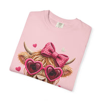 Highland Cow - Pink Heart Shaped Glasses - Comfort Colors | Trendy Women's T-Shirt. Direct to Garment. Printed & Shipped in the USA. Unisex Sizes.