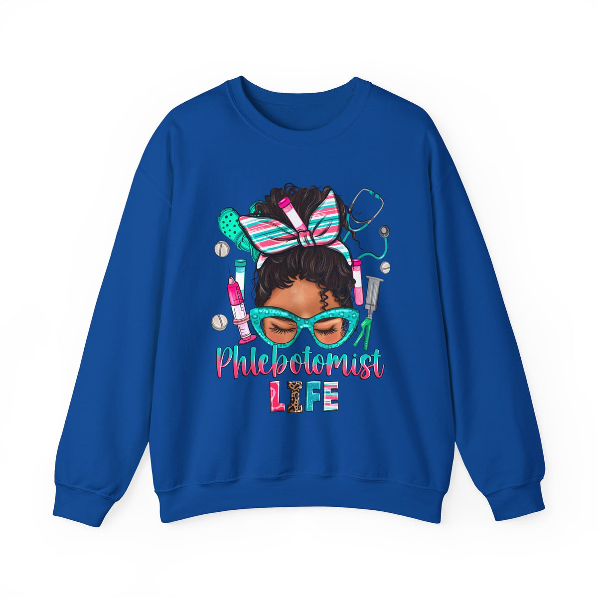 Phlebotomist Life, Messy Bun – Gildan Heavy Blend | Trendy Women’s Soft Sweatshirt. Direct to Garment. Printed & Shipped in the USA. Unisex Sizes.