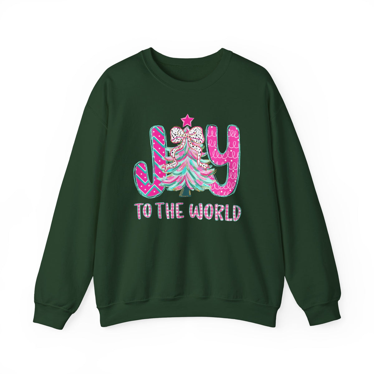 Joy to the World w/Christmas Tree Pink and Teal – Gildan Heavy Blend | Trendy Women’s Soft Sweatshirt. Direct to Garment. Printed & Shipped in the USA. Unisex Sizes.