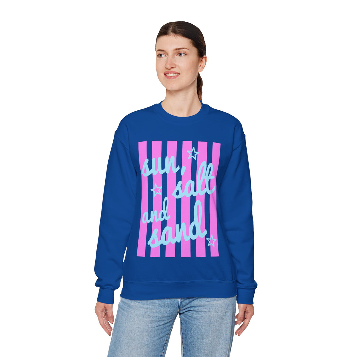 Sun, Salt and Sand – Gildan Heavy Blend | Trendy Women’s Soft Sweatshirt. Direct to Garment. Printed & Shipped in the USA. Unisex Sizes.