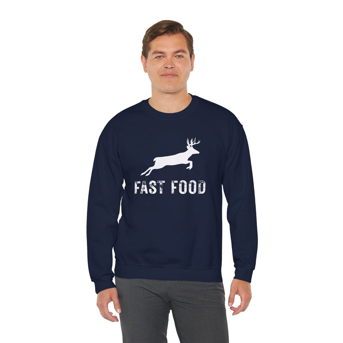 Fast Food Deer Hunting Humor Distressed – Gildan Heavy Blend | Trendy Men's and Women’s Soft Sweatshirt. Direct to Garment. Printed & Shipped in the USA. Unisex Sizes.