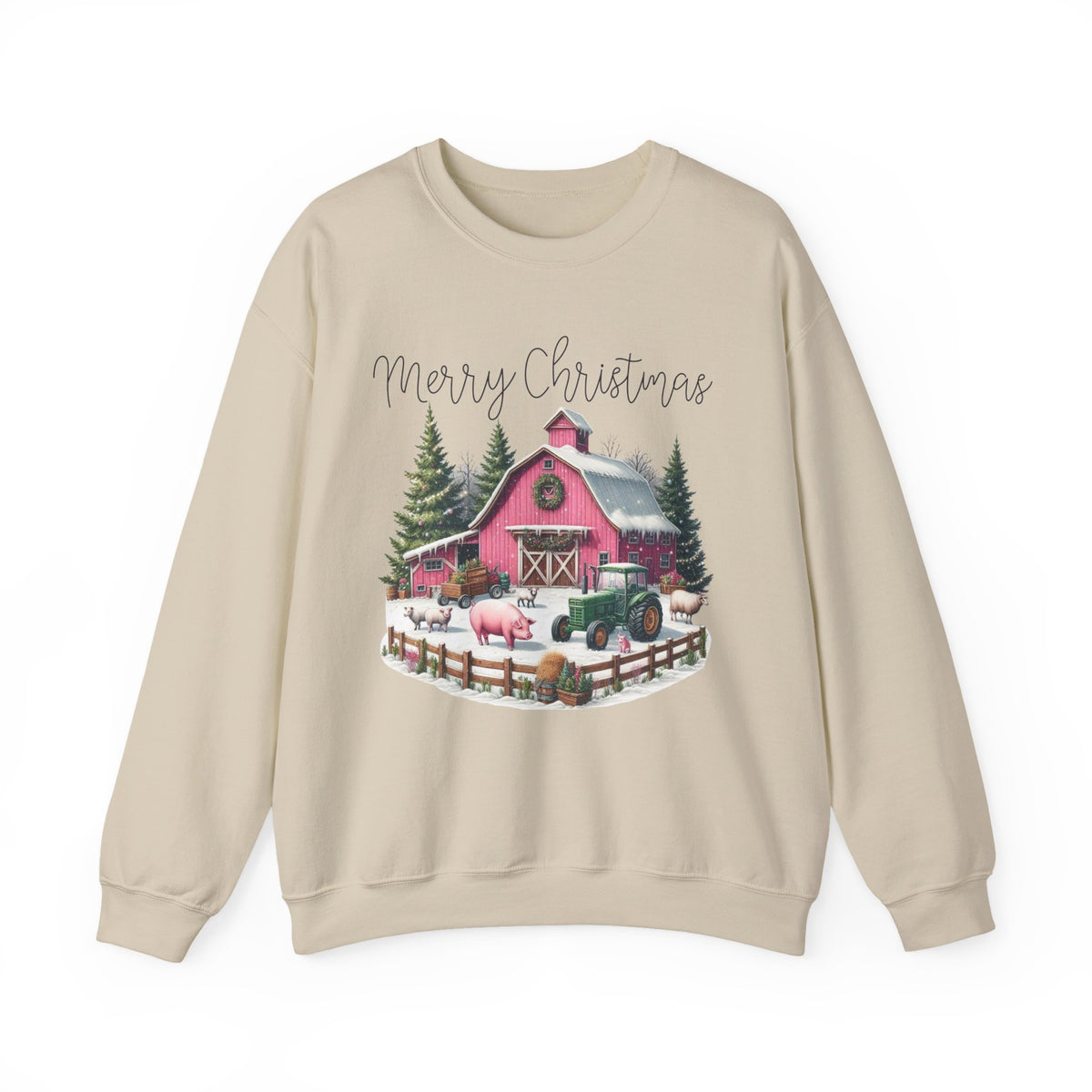 Merry Christmas Pink Barn Farm Animals – Gildan Heavy Blend | Trendy Women’s Soft Sweatshirt. Direct to Garment. Printed & Shipped in the USA. Unisex Sizes.