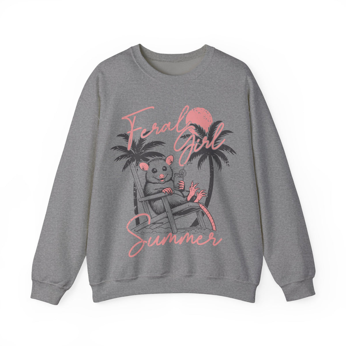 Feral Girl Summer, Possum on a Beach – Gildan Heavy Blend | Trendy Women’s Soft Sweatshirt. Direct to Garment. Printed & Shipped in the USA. Unisex Sizes.