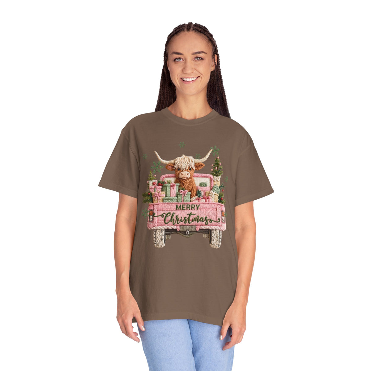 Highland Cow in Pink Truck Merry Christmas Holiday Farmhouse - Comfort Colors | Trendy Women's T-Shirt. Direct to Garment. Printed & Shipped in the USA. Unisex Sizes.