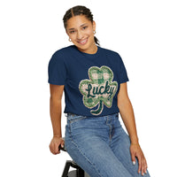 Lucky Shamrock Faux Knit - Comfort Colors | Trendy Men's and Women's T-Shirt. Direct to Garment. Printed & Shipped in the USA. Unisex Sizes.