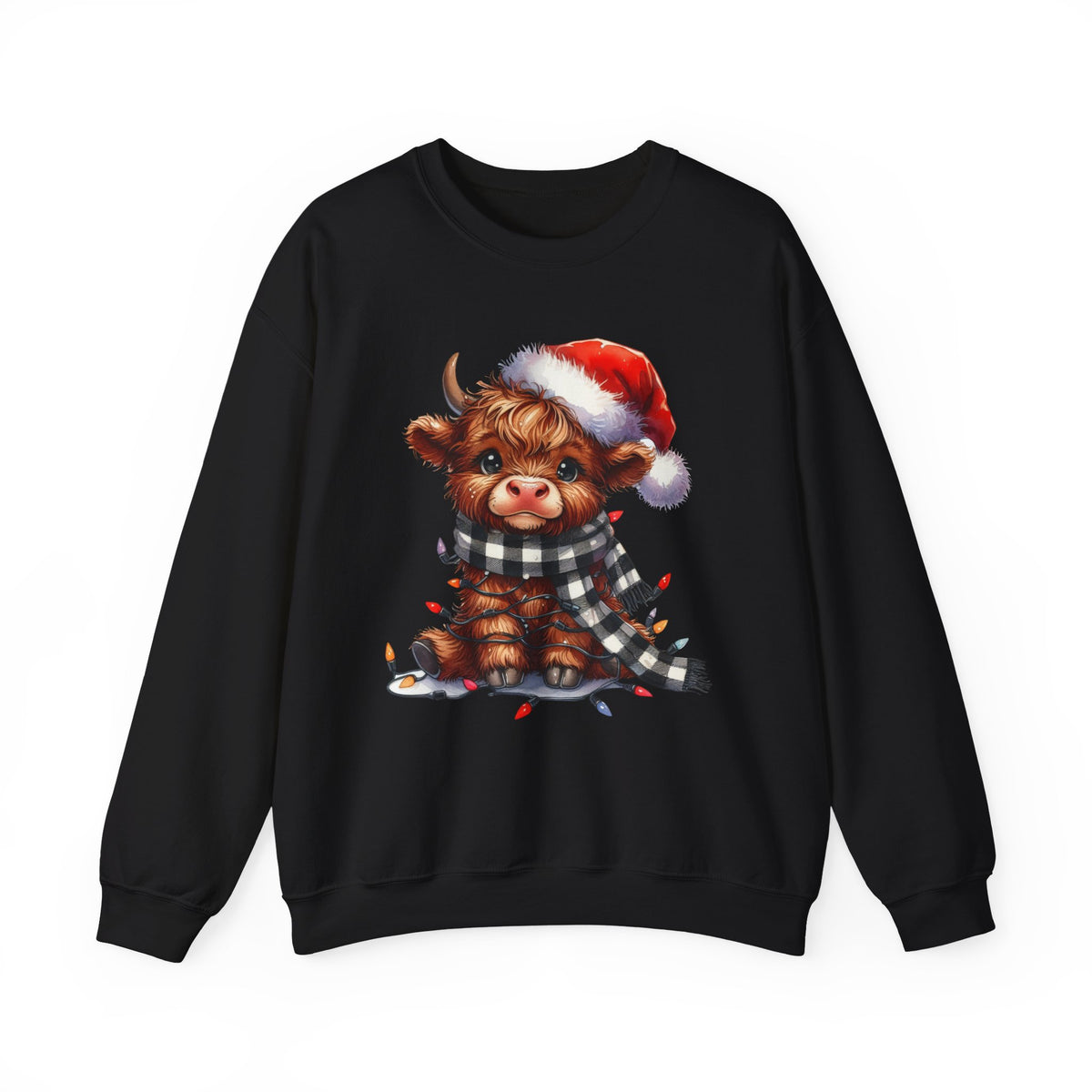 Cute Highland Cow Santa Hat Scarf Christmas Lights – Gildan Heavy Blend | Trendy Women’s Soft Sweatshirt. Direct to Garment. Printed & Shipped in the USA. Unisex Sizes.