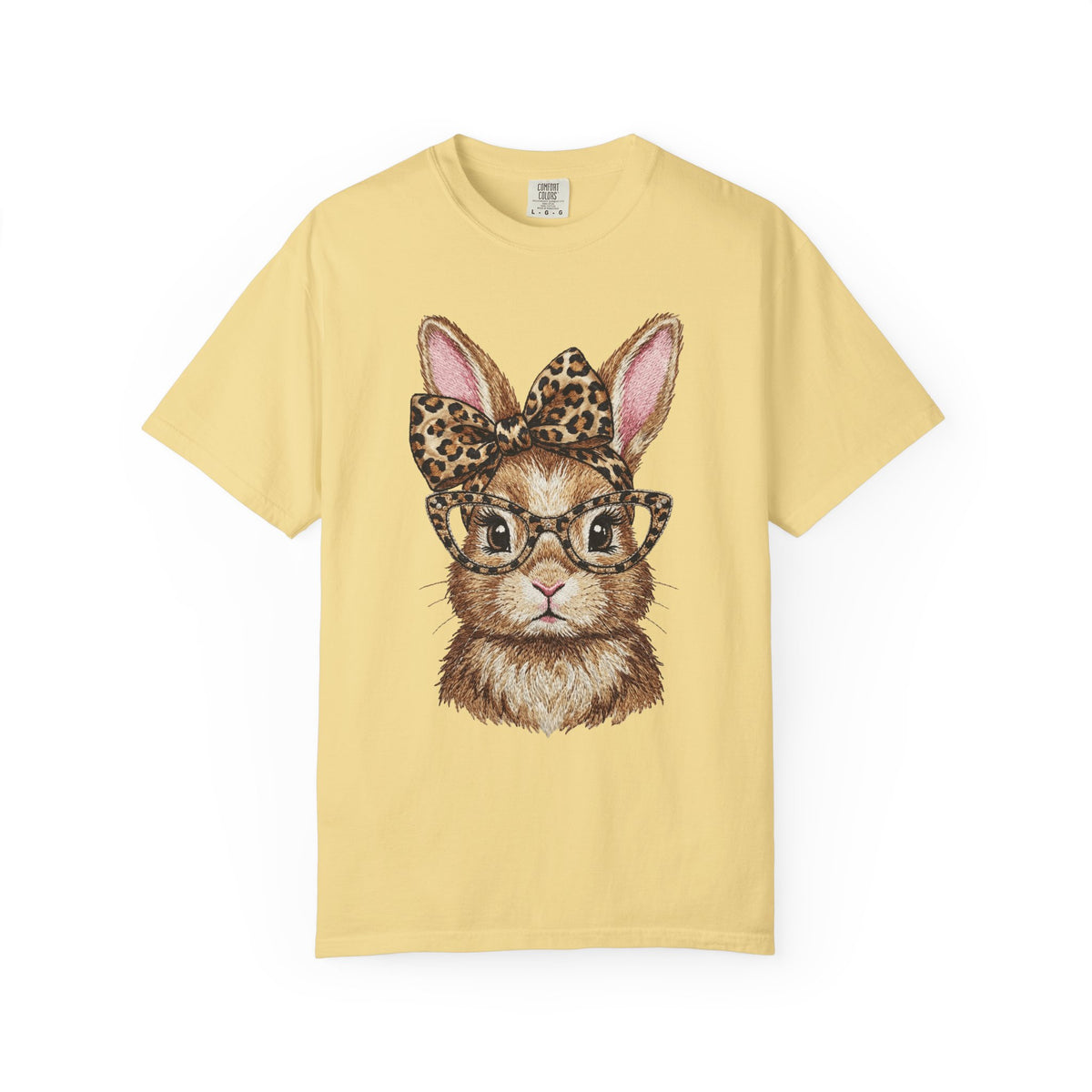 Bunny with Leopard Bow and Glasses - Comfort Colors | Trendy Women's T-Shirt. Direct to Garment. Printed & Shipped in the USA. Unisex Sizes.