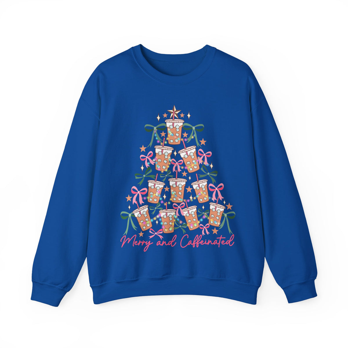 Merry and Caffeinated Iced Coffee Christmas Tree – Gildan Heavy Blend | Trendy Women’s Soft Sweatshirt. Direct to Garment. Printed & Shipped in the USA. Unisex Sizes.