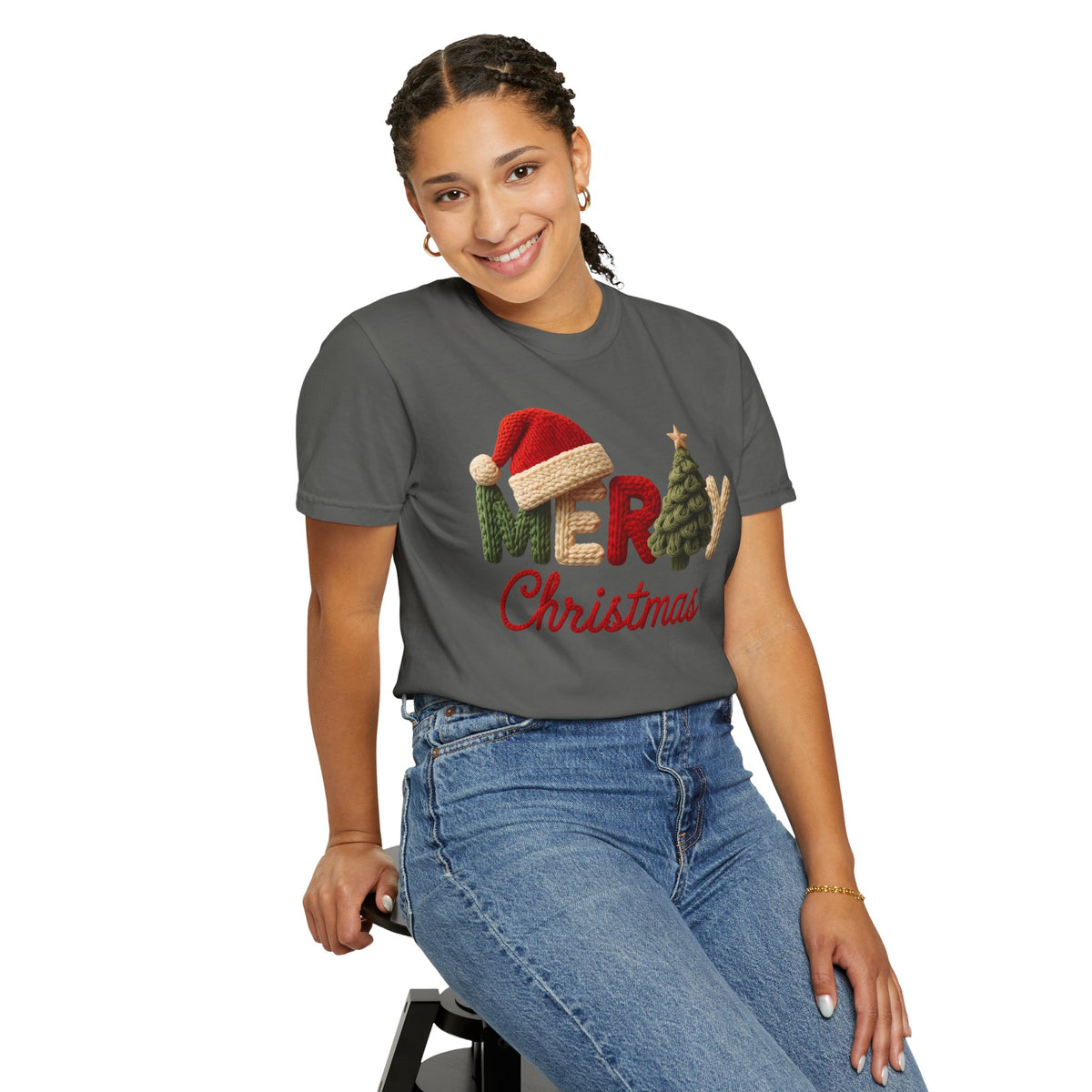 Merry Christmas Faux Yarn w/Santa Hat & Tree - Comfort Colors | Trendy Women's T-Shirt. Direct to Garment. Printed & Shipped in the USA. Unisex Sizes.