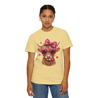 Highland Cow - Pink Heart Shaped Glasses - Comfort Colors | Trendy Women's T-Shirt. Direct to Garment. Printed & Shipped in the USA. Unisex Sizes.