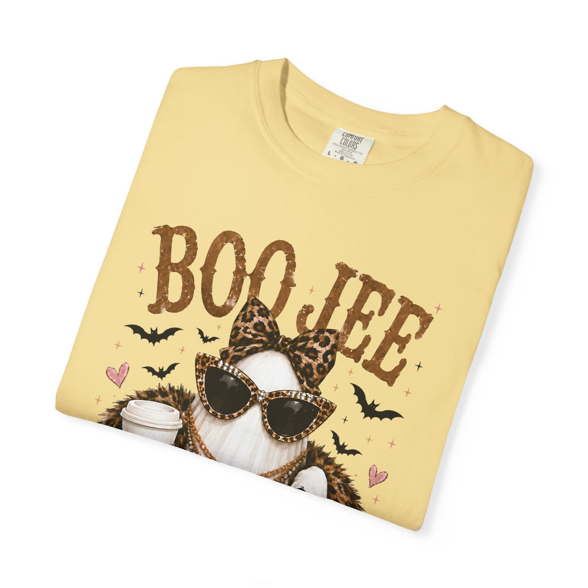 BooJee Ghost with Coffee - Halloween - Comfort Colors | Trendy Women's T-Shirt. Direct to Garment. Printed & Shipped in the USA. Unisex Sizes.