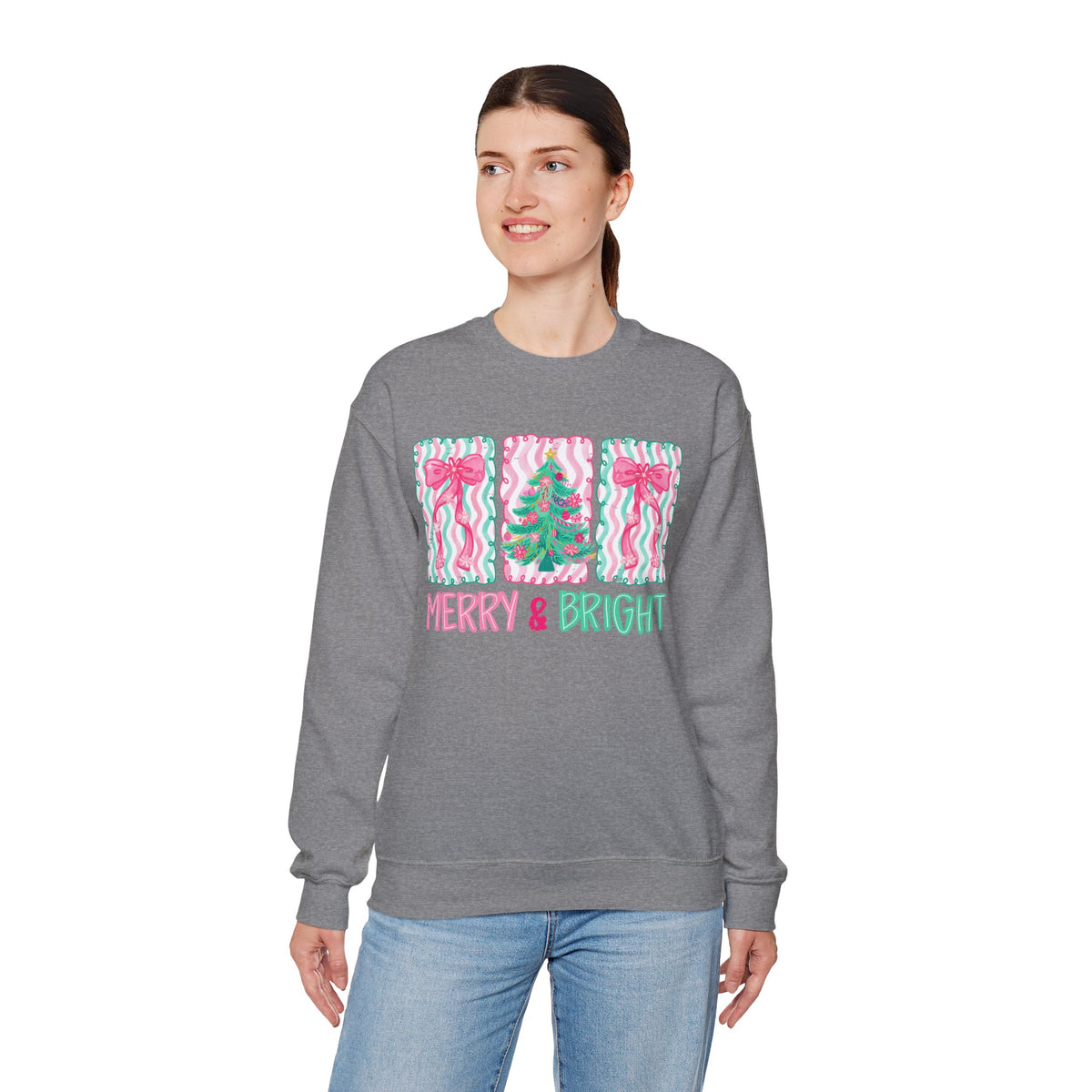 Merry & Bright Christmas - Pink & Green Holiday Tree Design – Gildan Heavy Blend | Trendy Women’s Soft Sweatshirt. Direct to Garment. Printed & Shipped in the USA. Unisex Sizes.