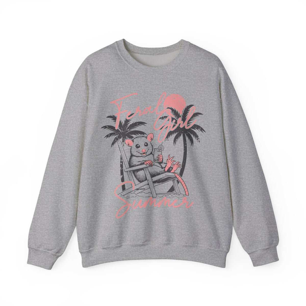 Feral Girl Summer, Possum on a Beach – Gildan Heavy Blend | Trendy Women’s Soft Sweatshirt. Direct to Garment. Printed & Shipped in the USA. Unisex Sizes.