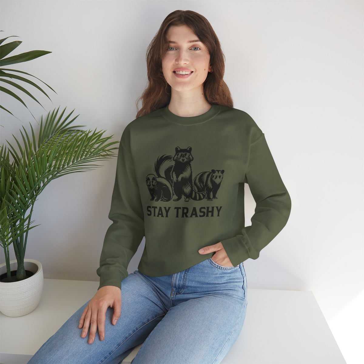 Stay Trashy, Skunk Raccoon Possum – Gildan Heavy Blend | Trendy Women’s and Men's Soft Sweatshirt. Direct to Garment. Printed & Shipped in the USA. Unisex Sizes.