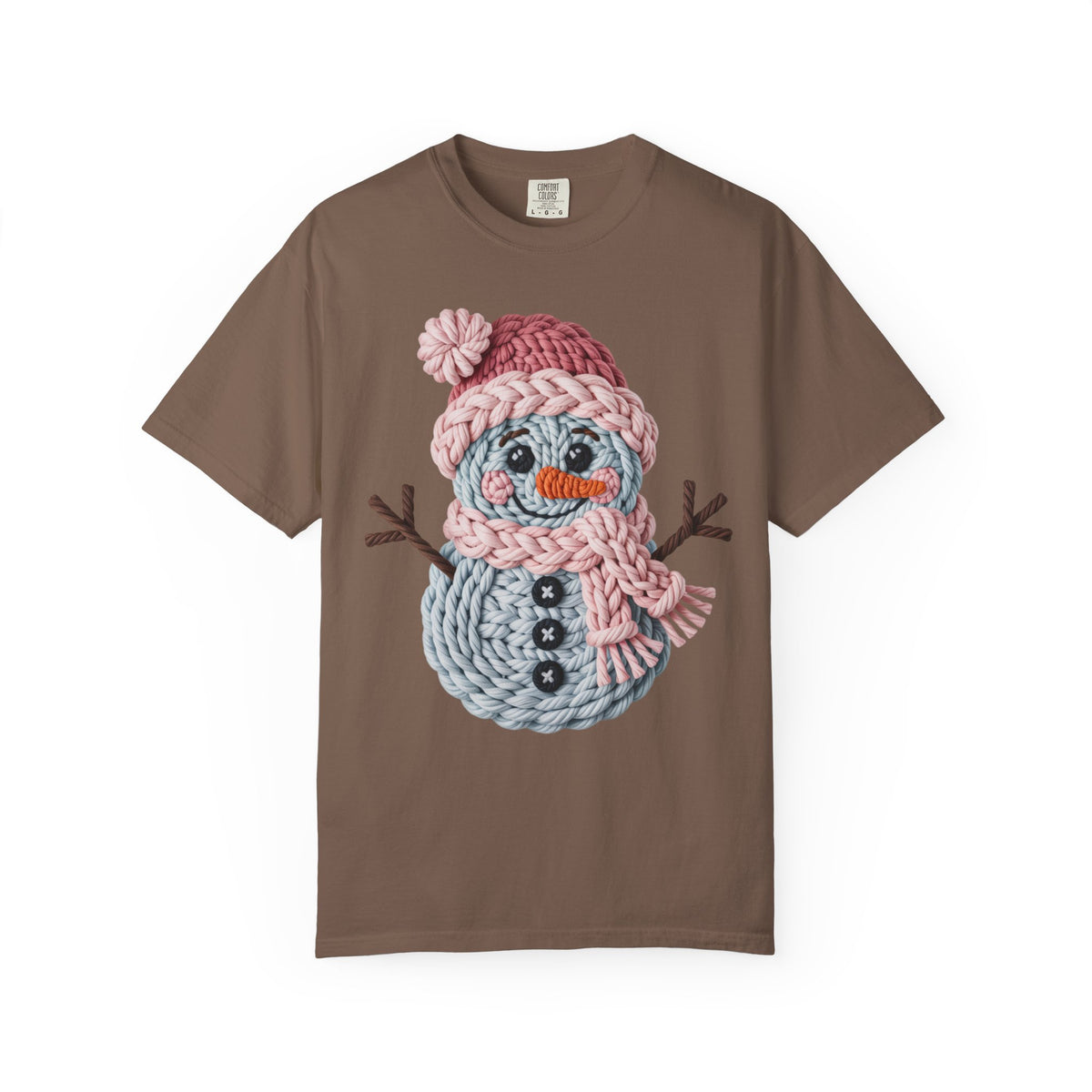 Cute Yarn Snowman - Pink Scarf - Comfort Colors | Trendy Women's T-Shirt. Direct to Garment. Printed & Shipped in the USA. Unisex Sizes.
