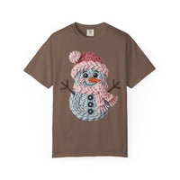 Cute Yarn Snowman - Pink Scarf - Comfort Colors | Trendy Women's T-Shirt. Direct to Garment. Printed & Shipped in the USA. Unisex Sizes.