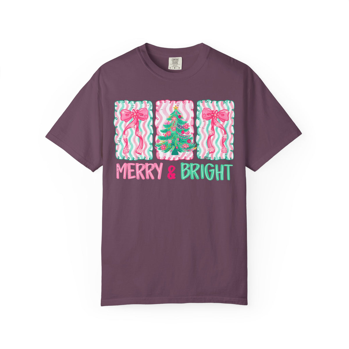 Merry & Bright Christmas — Pink & Green Holiday Tree Design - Comfort Colors | Trendy Women's T-Shirt. Direct to Garment. Printed & Shipped in the USA. Unisex Sizes.