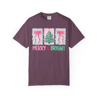 Merry & Bright Christmas — Pink & Green Holiday Tree Design - Comfort Colors | Trendy Women's T-Shirt. Direct to Garment. Printed & Shipped in the USA. Unisex Sizes.