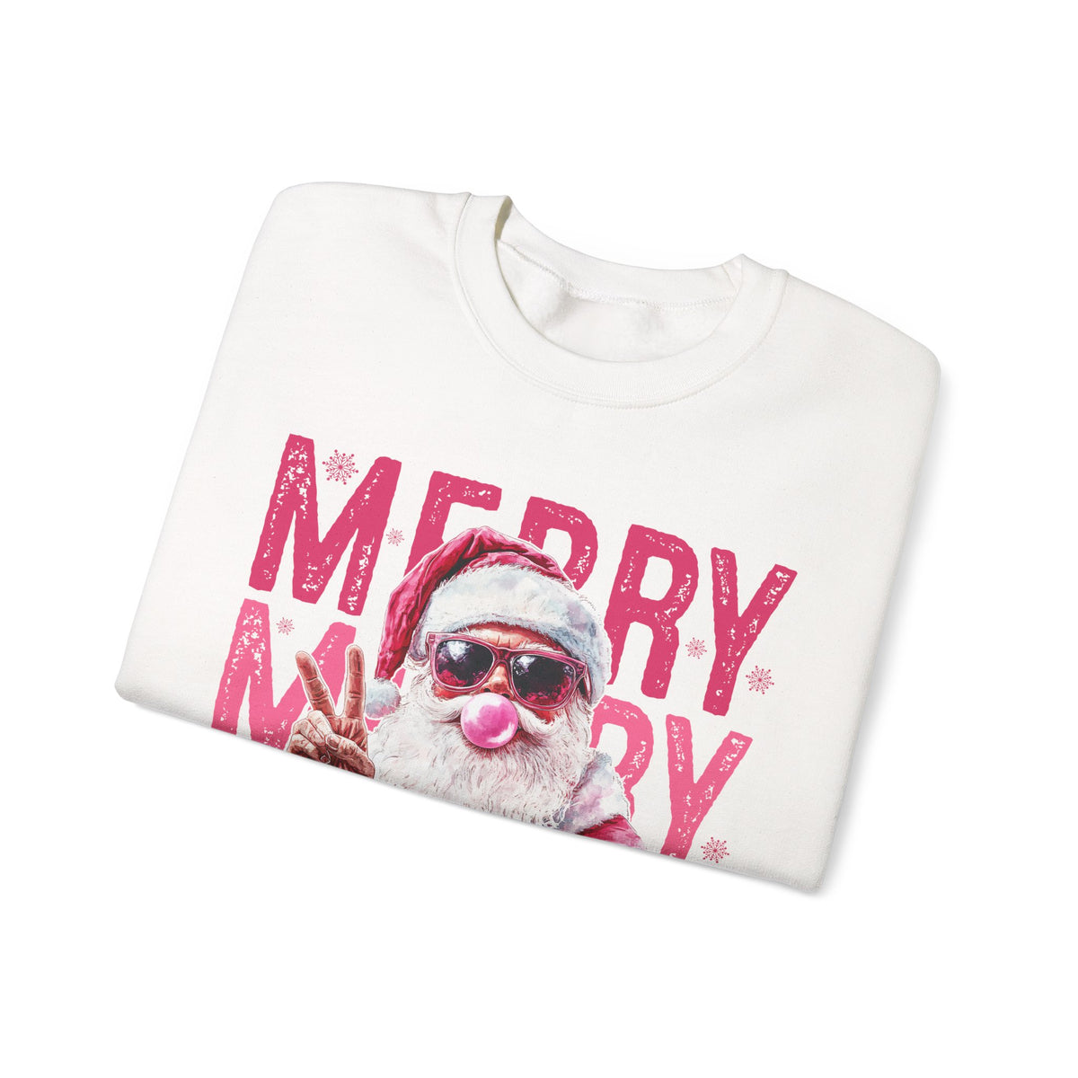 Pink Merry Christmas Bubblegum Santa – Gildan Heavy Blend | Trendy Women’s Soft Sweatshirt. Direct to Garment. Printed & Shipped in the USA. Unisex Sizes.