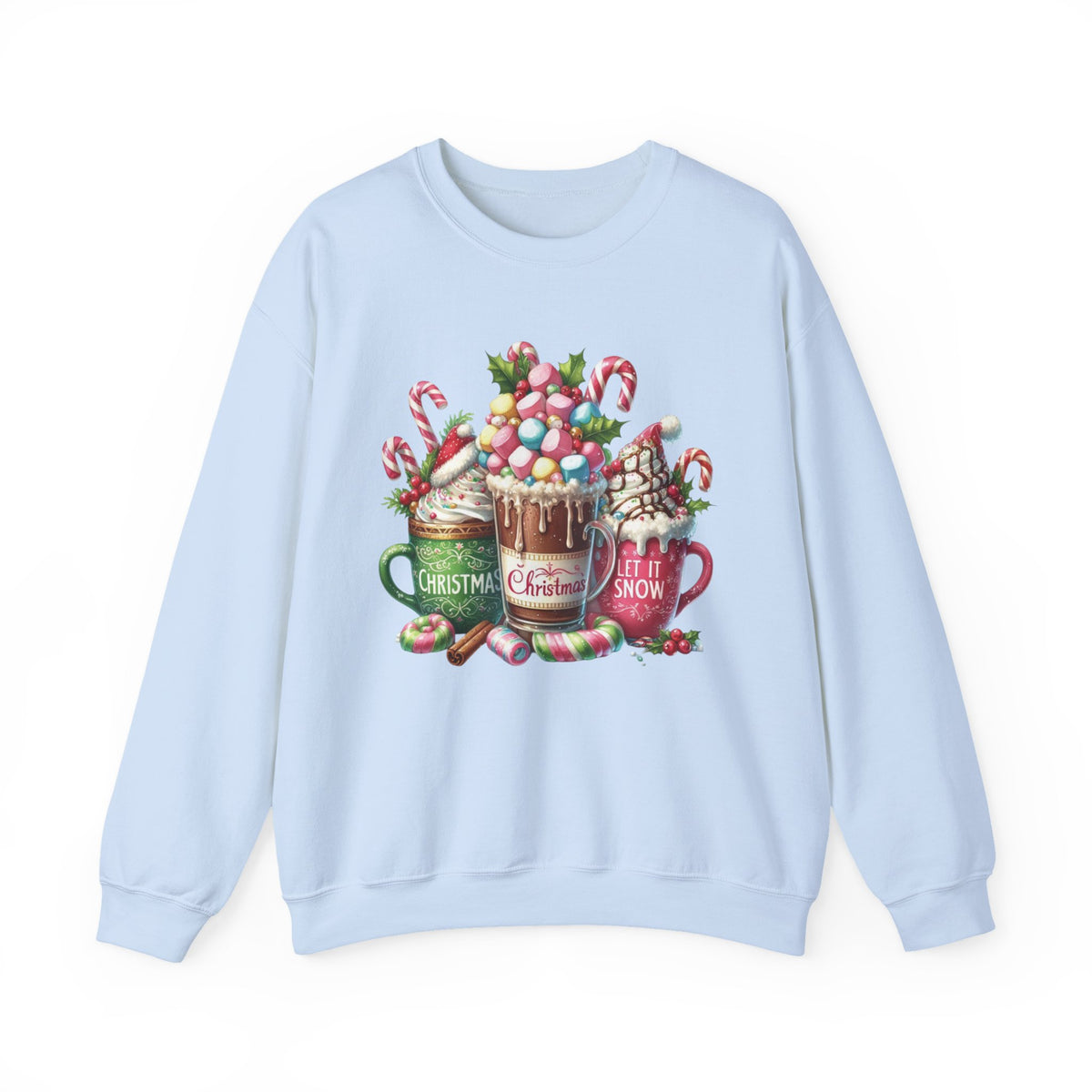 Hot Chocolate Mugs Christmas Hot Cocoa – Gildan Heavy Blend | Trendy Women’s Soft Sweatshirt. Direct to Garment. Printed & Shipped in the USA. Unisex Sizes.