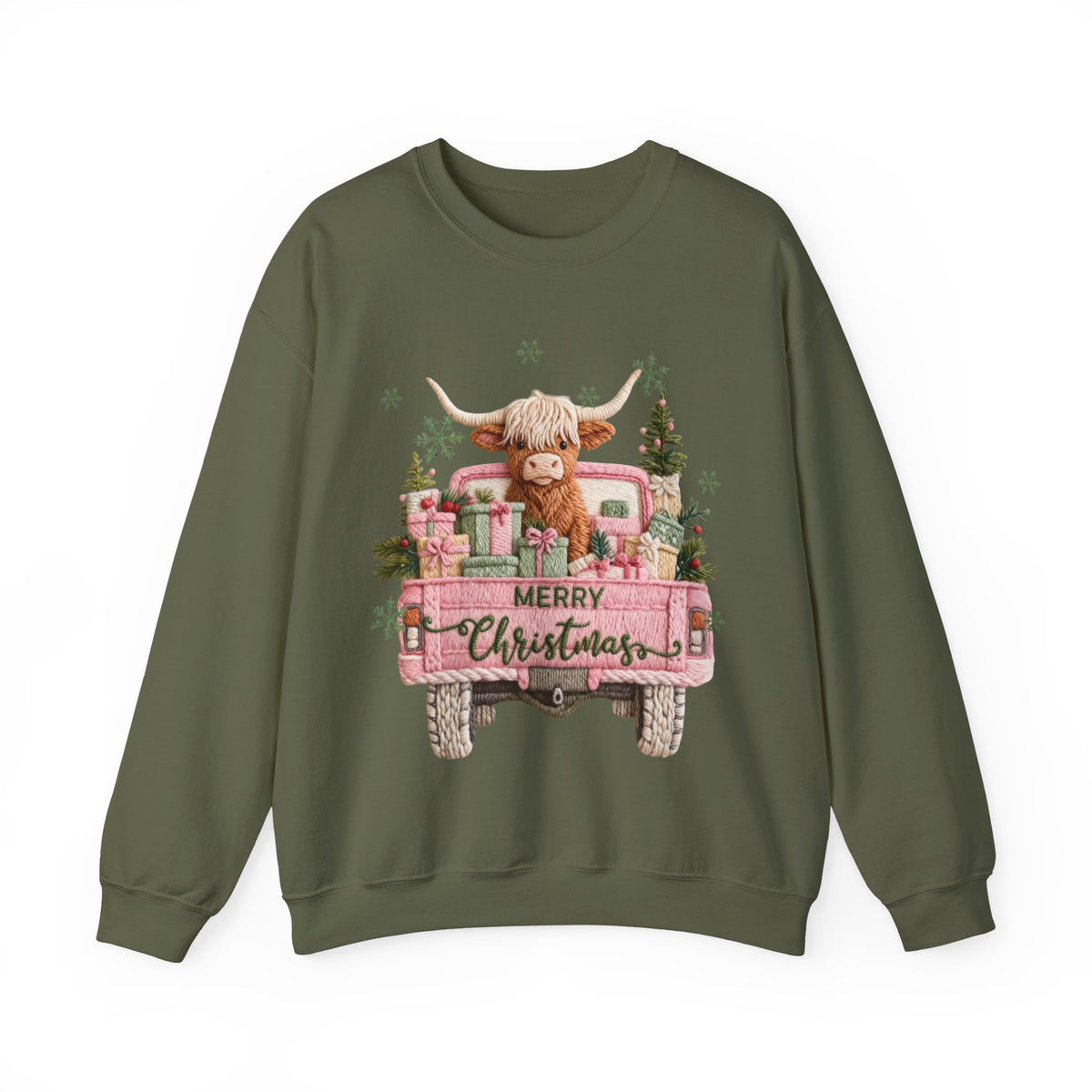 Highland Cow in Pink Truck Merry Christmas Holiday Farmhouse – Gildan Heavy Blend | Trendy Women’s Soft Sweatshirt. Direct to Garment. Printed & Shipped in the USA. Unisex Sizes.
