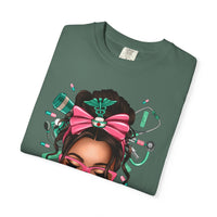 Nurse Life Messy Bun, Cute Stethoscope & Syringe - Comfort Colors | Trendy Women's T-Shirt. Direct to Garment. Printed & Shipped in the USA. Unisex Sizes.