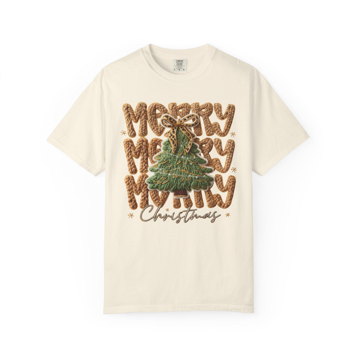 Merry Merry Merry Christmas, Faux Latch Hook Yarn - Comfort Colors | Trendy Women's T-Shirt. Direct to Garment. Printed & Shipped in the USA. Unisex Sizes.