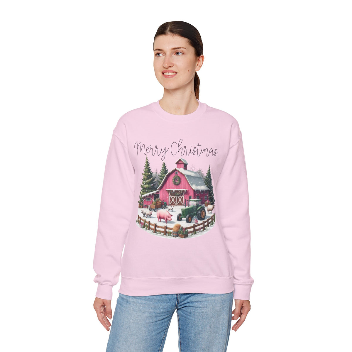 Merry Christmas Pink Barn Farm Animals – Gildan Heavy Blend | Trendy Women’s Soft Sweatshirt. Direct to Garment. Printed & Shipped in the USA. Unisex Sizes.