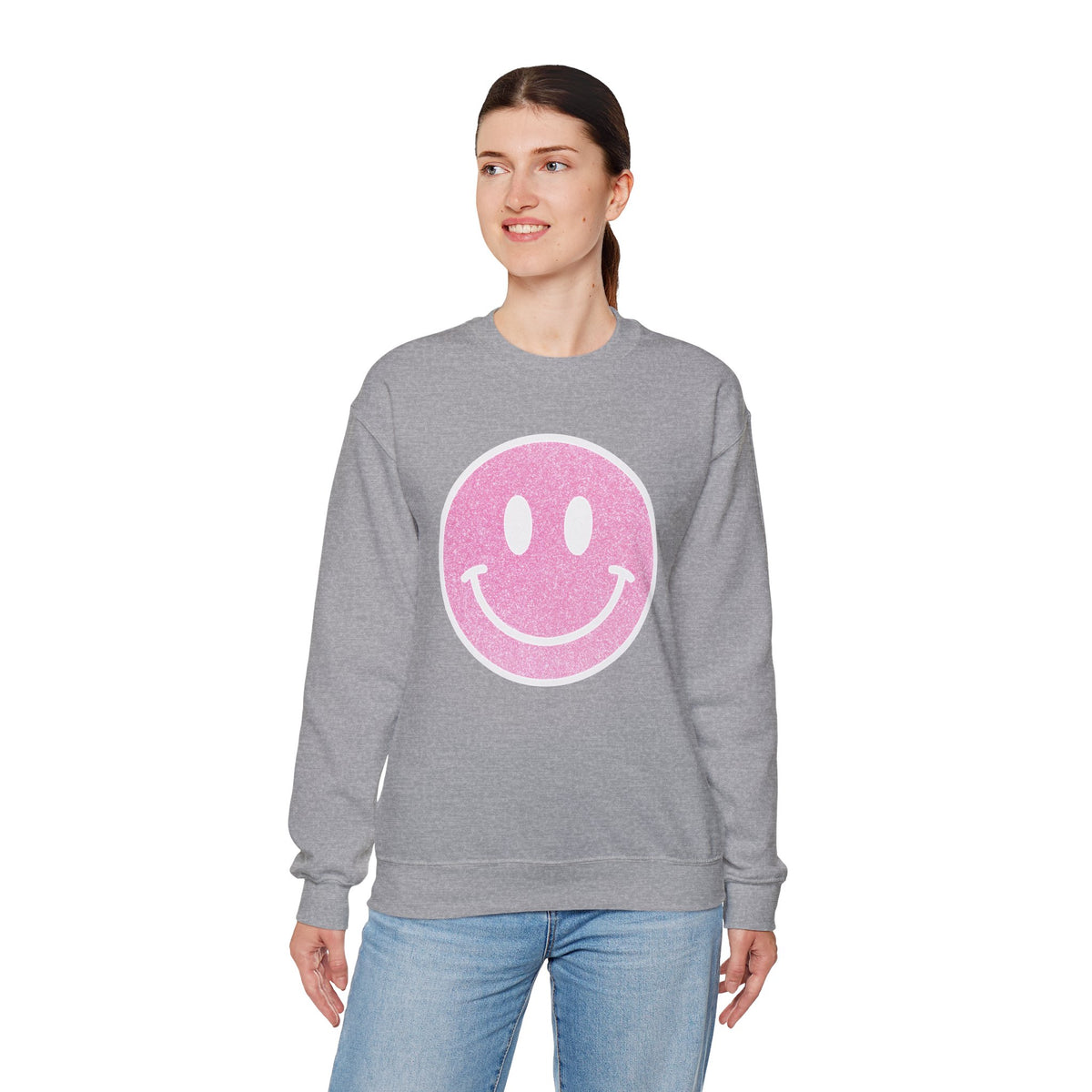 Glitter Smiley – Gildan Heavy Blend | Trendy Women’s Soft Sweatshirt. Direct to Garment. Printed & Shipped in the USA. Unisex Sizes.