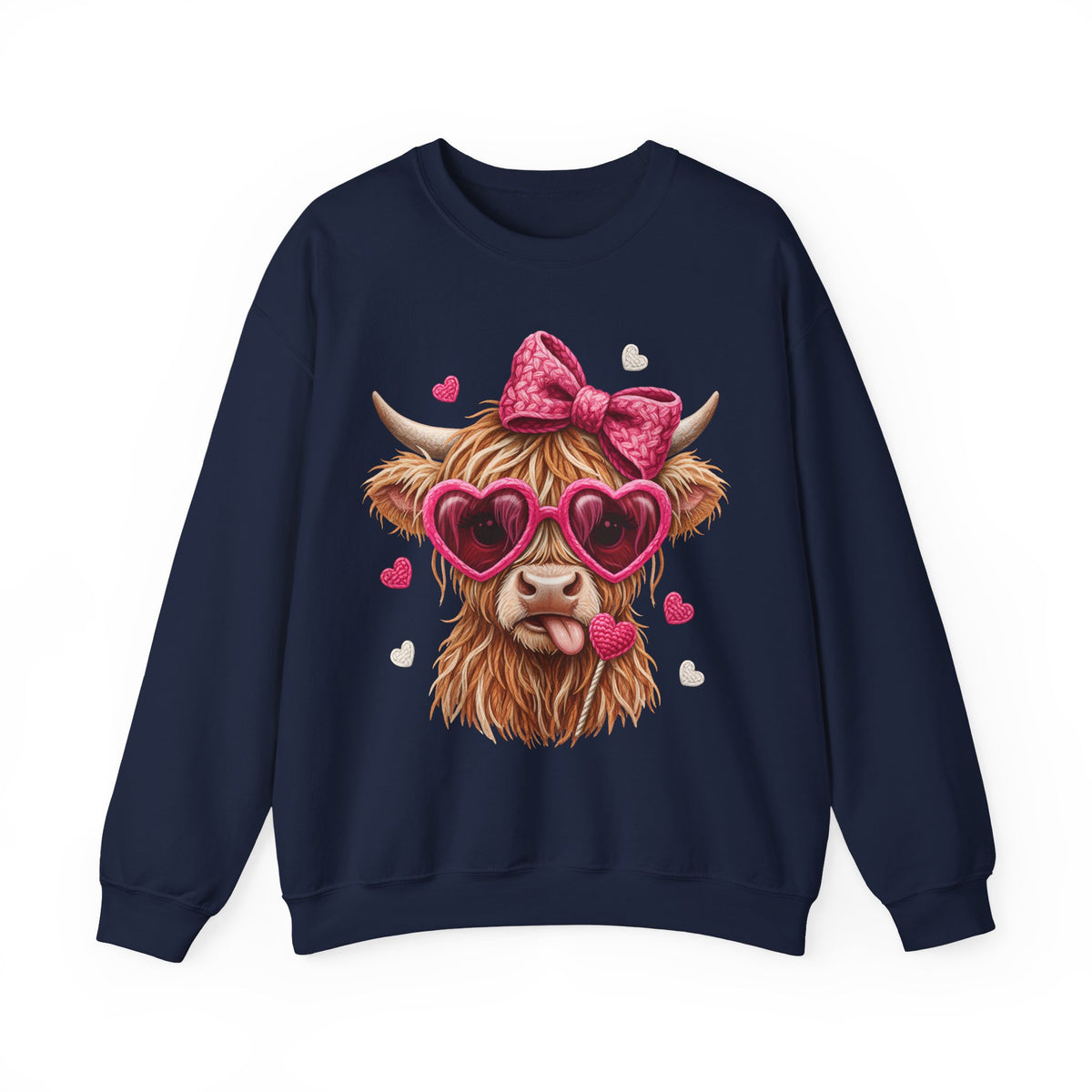 Highland Cow - Pink Heart Shaped Glasses – Gildan Heavy Blend | Trendy Women’s Soft Sweatshirt. Direct to Garment. Printed & Shipped in the USA. Unisex Sizes.