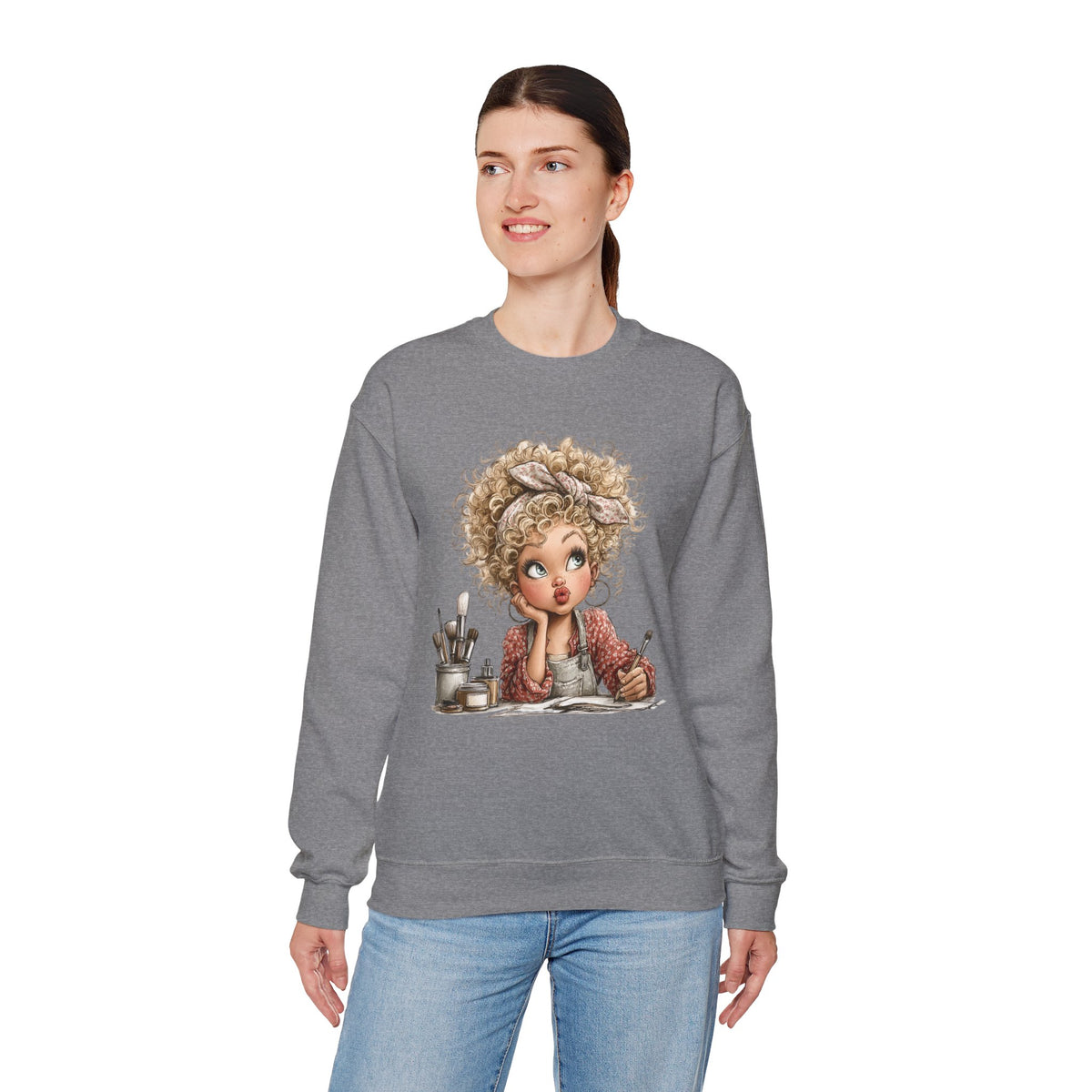 Cute Artist Curly Girl – Gildan Heavy Blend | Trendy Women’s Soft Sweatshirt. Direct to Garment. Printed & Shipped in the USA. Unisex Sizes.